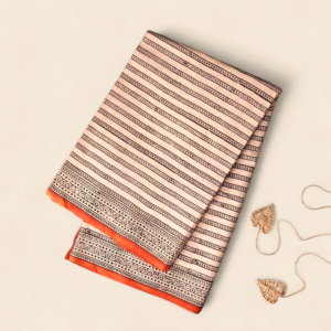 Saree od pamuka Mulmul s Bagru uzorkom (bijela, narančasta i crna)